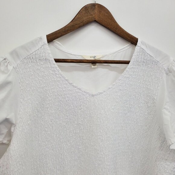 Terra & Sky Womens White Smocked Short Sleeve Peplum Blouse Top Size 2X V-Neck - Picture 8 of 13
